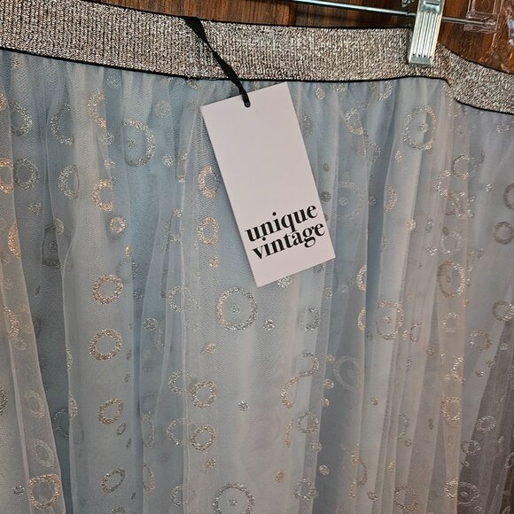 Unique Vintage Blue & Silver gritter Circles pleated Hilty Skirt Sz 5X - Picture 4 of 7